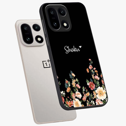 Floral Design With a Custom Personalized Name Glass Case for 1+15 angled mockup showcasing glossy finish and elegant bloom detailing