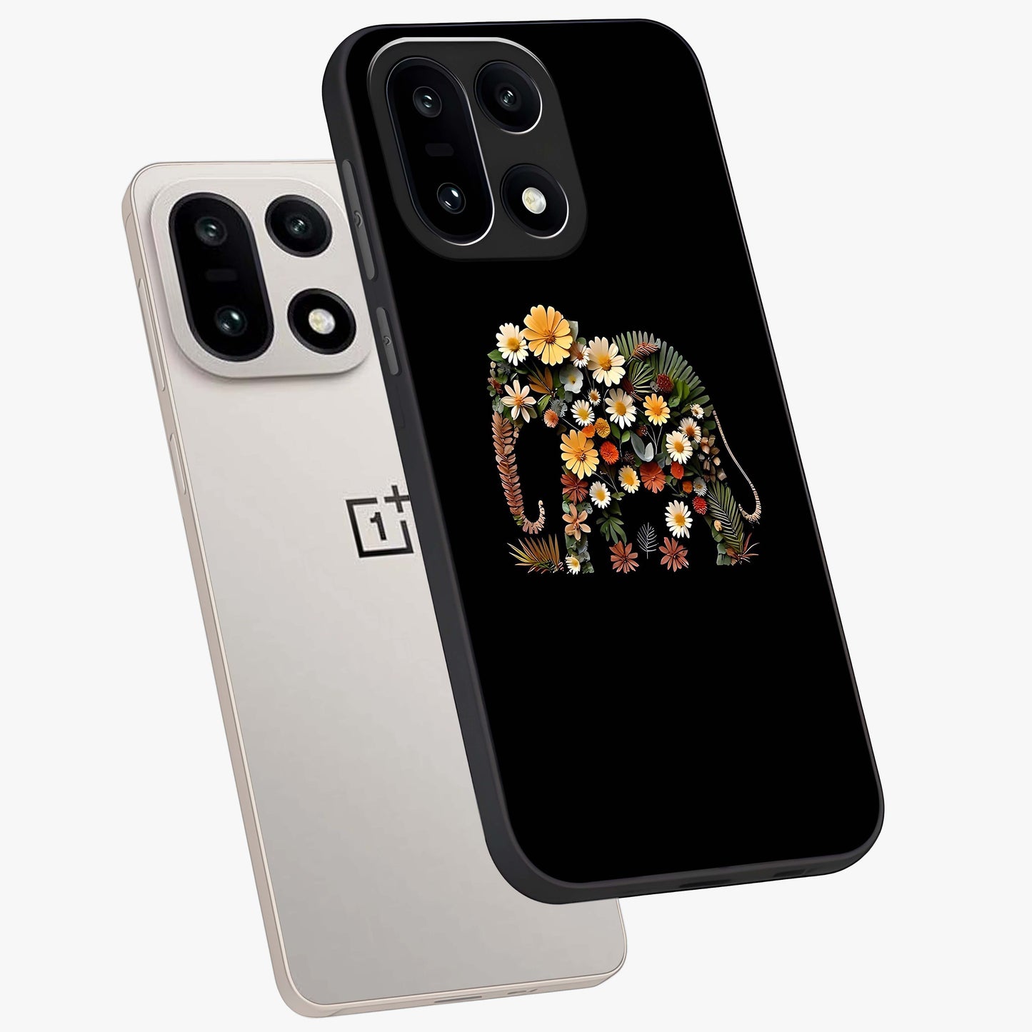 Floral Elephant Glass Case for 1+15 angled mockup showcasing glossy finish and vibrant cultural tones