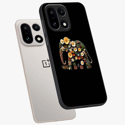Floral Elephant Glass Case for 1+15 angled mockup showcasing glossy finish and vibrant cultural tones