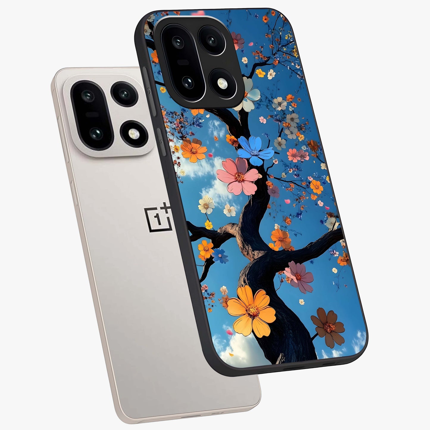 Floral Tree Glass Case for 1+15 angled mockup showcasing glossy finish and detailed branch textures