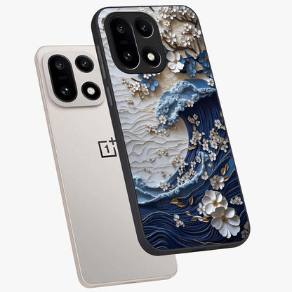 Floral Wave Origami Glass Case for 1+15 angled mockup showcasing glossy glass finish and geometric bloom detailing