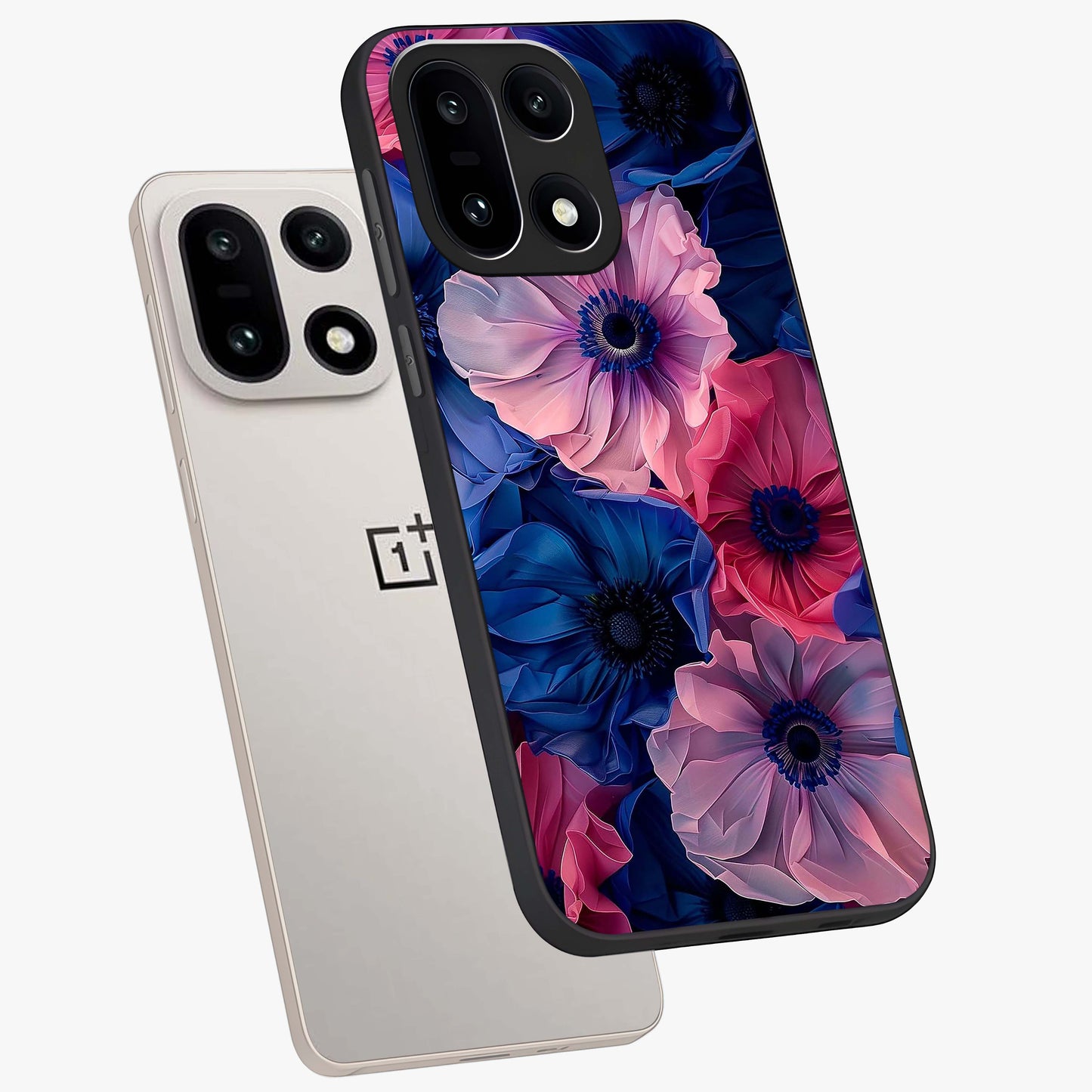 Flower Paper Art Pattern Glass Case for 1+15 angled mockup showcasing glossy finish and textured paper detailing