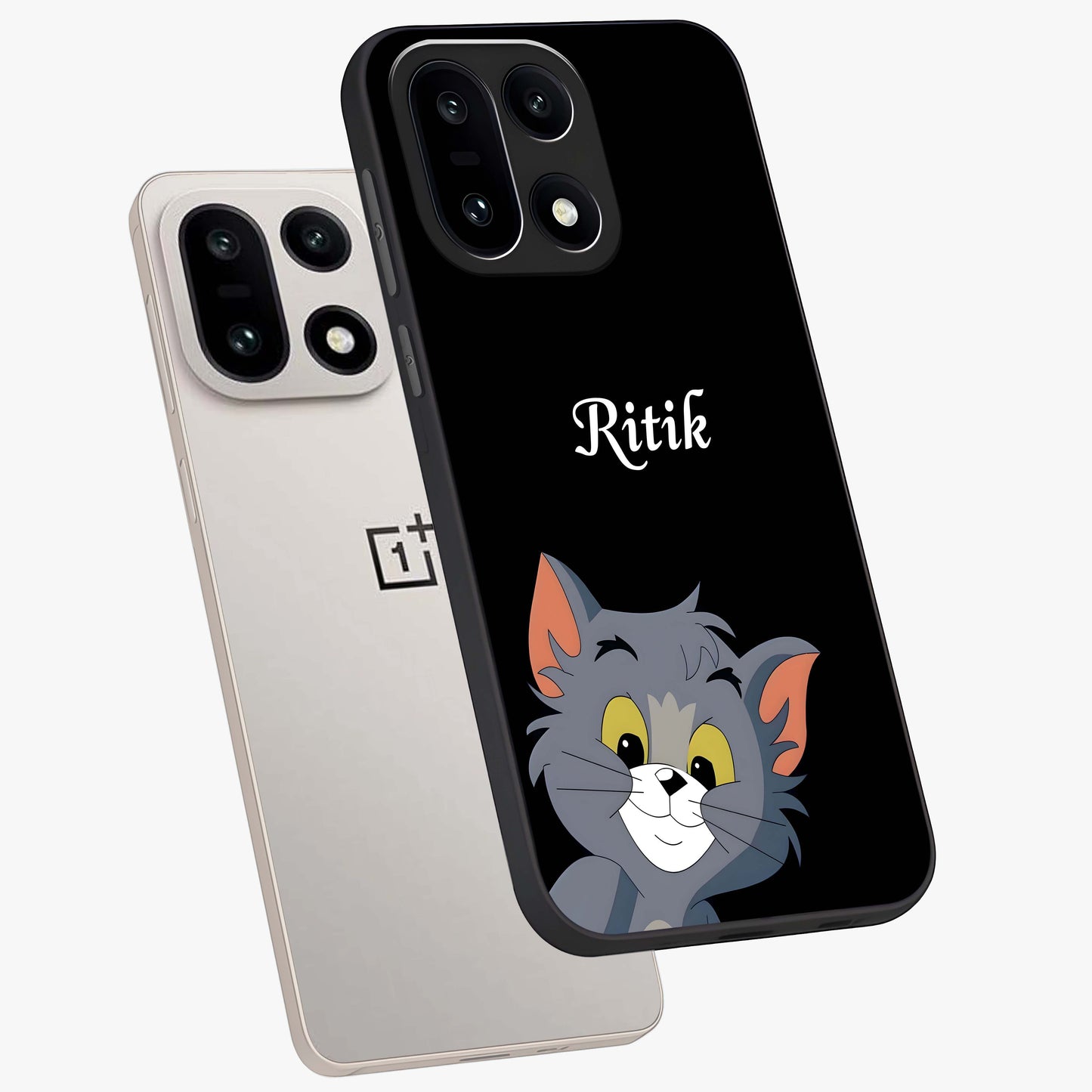 Forever Chasing Love Tom Glass Case for 1+15 angled mockup showcasing glossy finish and lively cartoon detailing