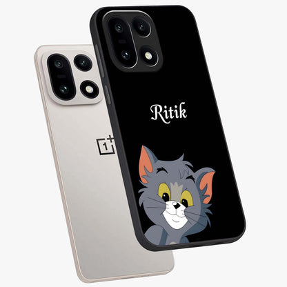 Forever Chasing Love Tom Glass Case for 1+15 angled mockup showcasing glossy finish and lively cartoon detailing
