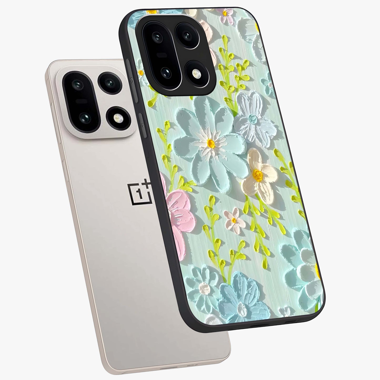 Frosted Petal Garden Glass Case for 1+15 angled mockup showcasing glossy finish and pastel bloom detailing