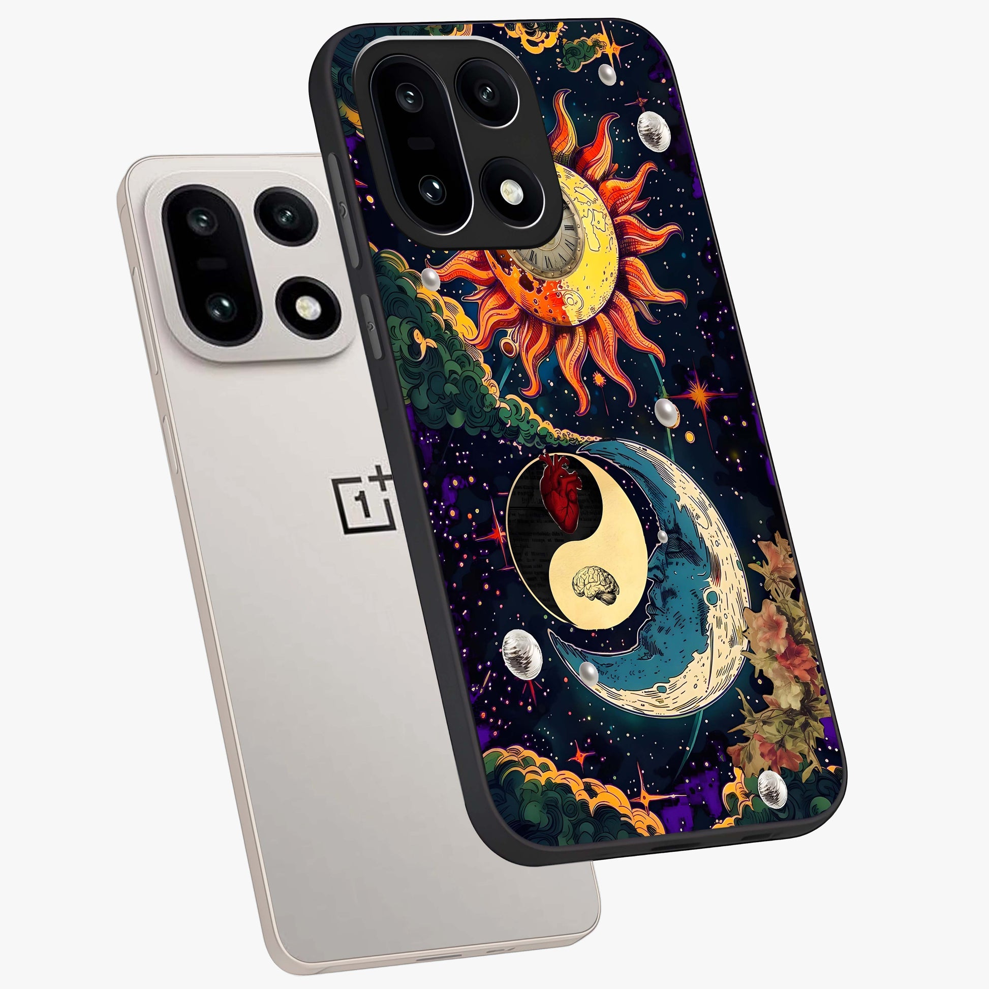 Future Universe Glass Case for 1+15 angled mockup showcasing glossy finish and vibrant space tones