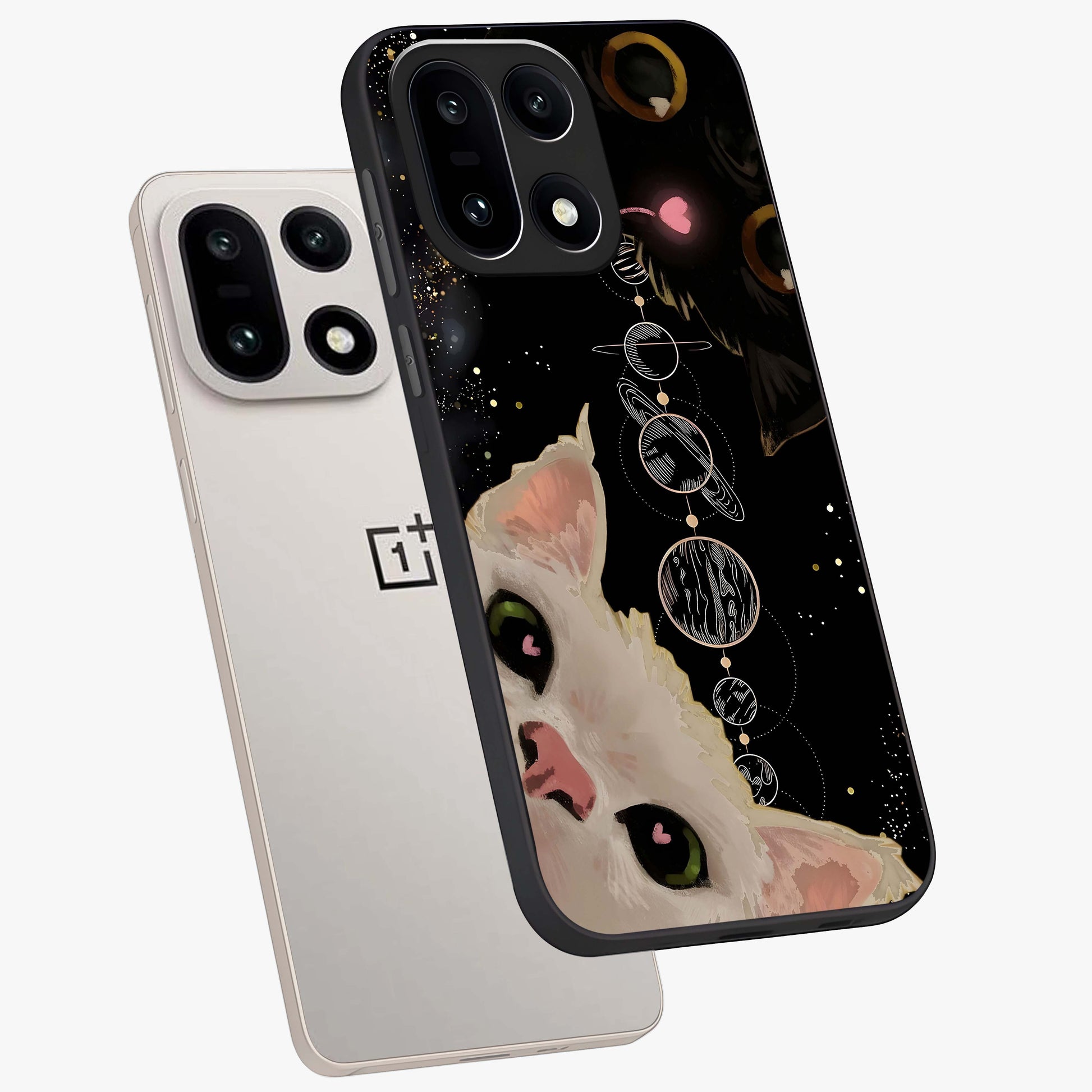 Galactic Cat Glass Case for 1+15 angled mockup showcasing glossy finish and luminous space detailing
