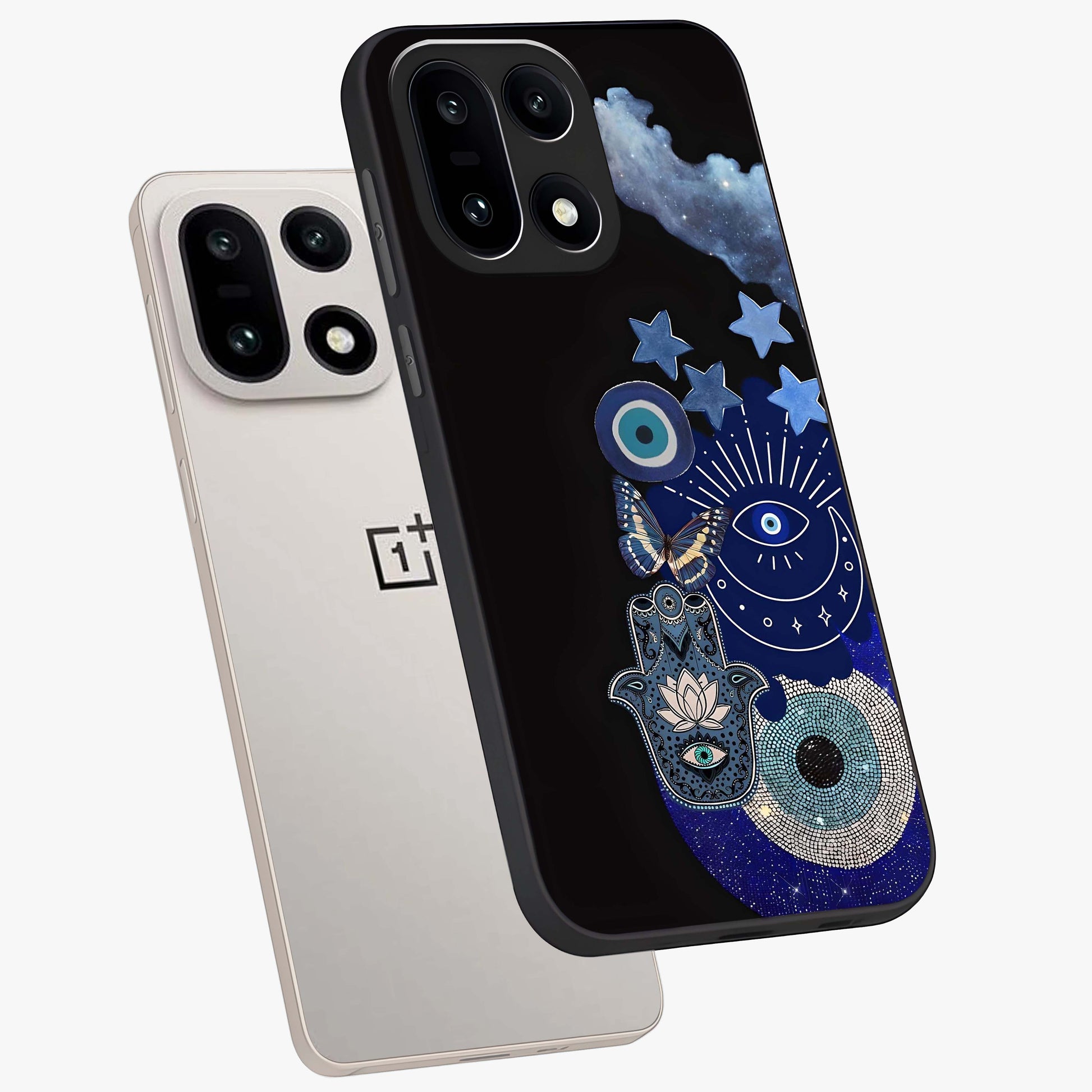 Galactic Charm Cluster Glass Case for 1+15 angled mockup showcasing glossy finish and vibrant star detailing