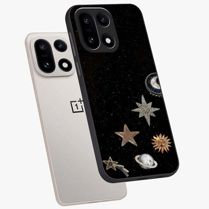 Galactic Charm Glow Glass Case for 1+15 angled mockup showcasing glossy glass finish and luminous galaxy tones