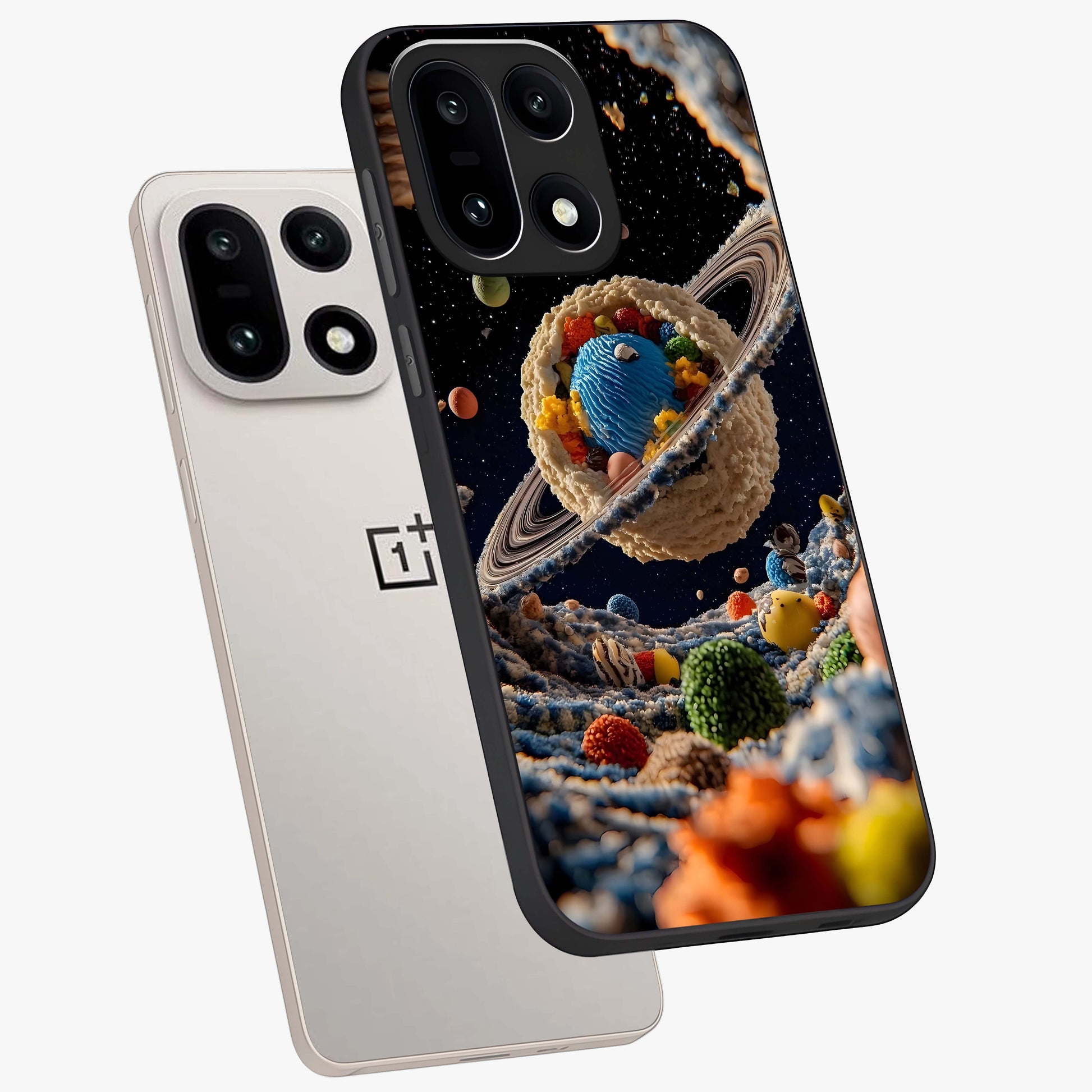 Galactic Dessert Dream Printed Glass Case for 1+15 angled mockup showcasing glossy finish and colorful galaxy tones