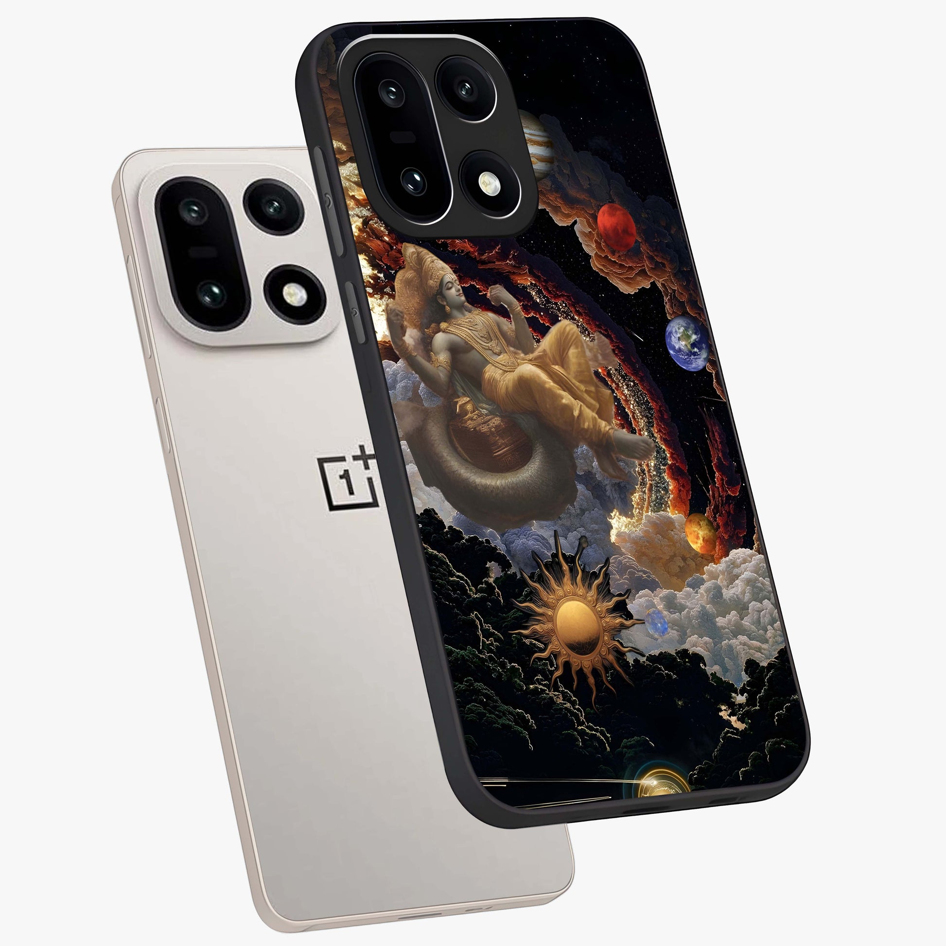 Galactic Divine God Glass Case for 1+15 angled mockup showcasing glossy finish and celestial spiritual tones