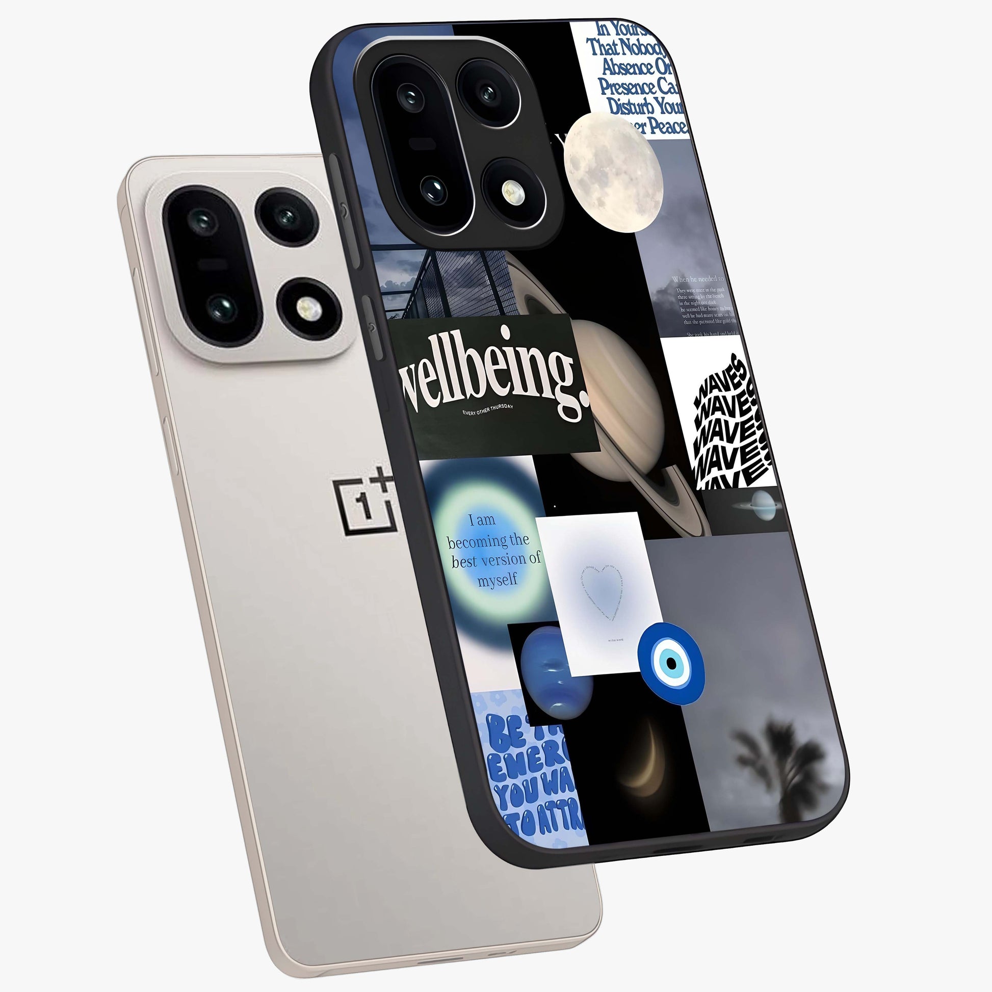 Galactic Energy Collage Glass Case for 1+15 angled mockup showcasing glossy finish and vibrant space textures