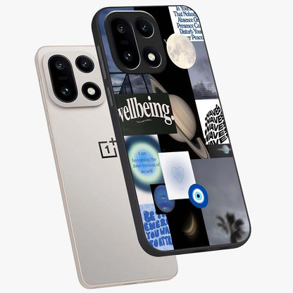 Galactic Energy Collage Glass Case for 1+15 angled mockup showcasing glossy finish and vibrant space textures
