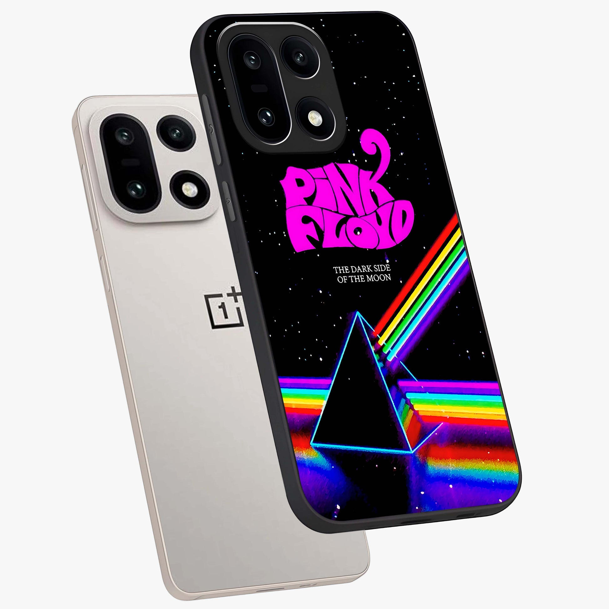 Galactic Light Frequency Glass Case for 1+15 angled mockup showcasing glossy finish and vibrant neon detailing