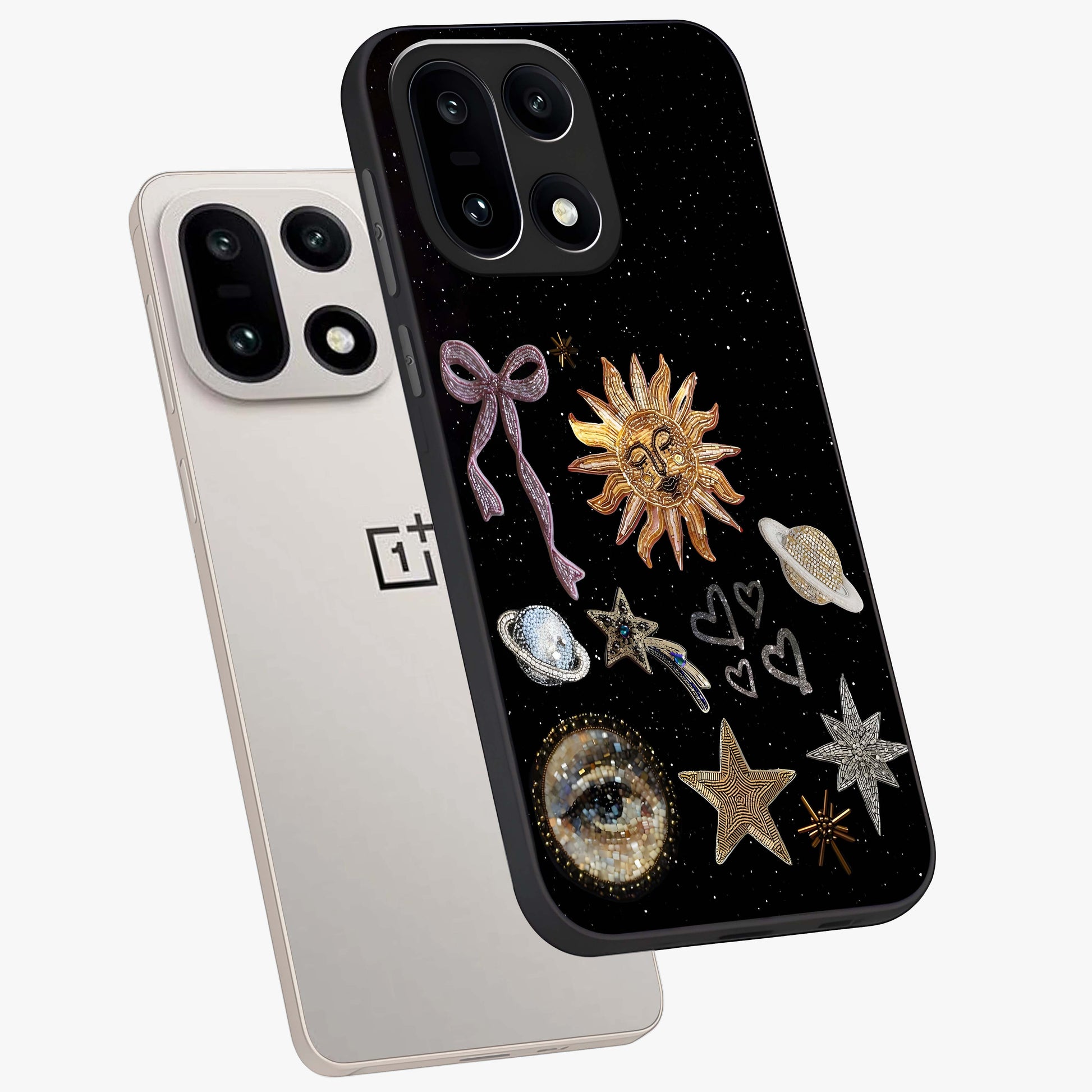 Galactic Sun Charm Glass Case for 1+15 angled mockup showcasing glossy finish and warm galaxy tones
