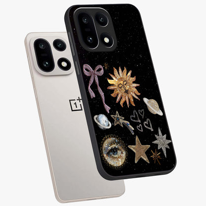 Galactic Sun Charm Glass Case for 1+15 angled mockup showcasing glossy finish and warm galaxy tones