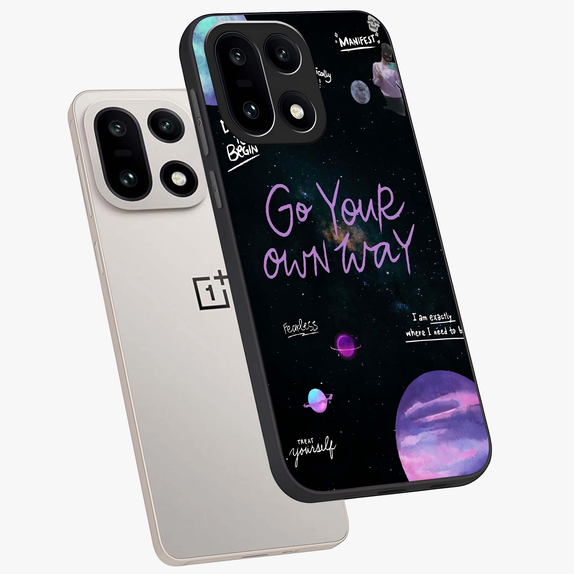 Galactic Vibes Universe Glass Case for 1+15 angled mockup showcasing glossy finish and deep space gradients