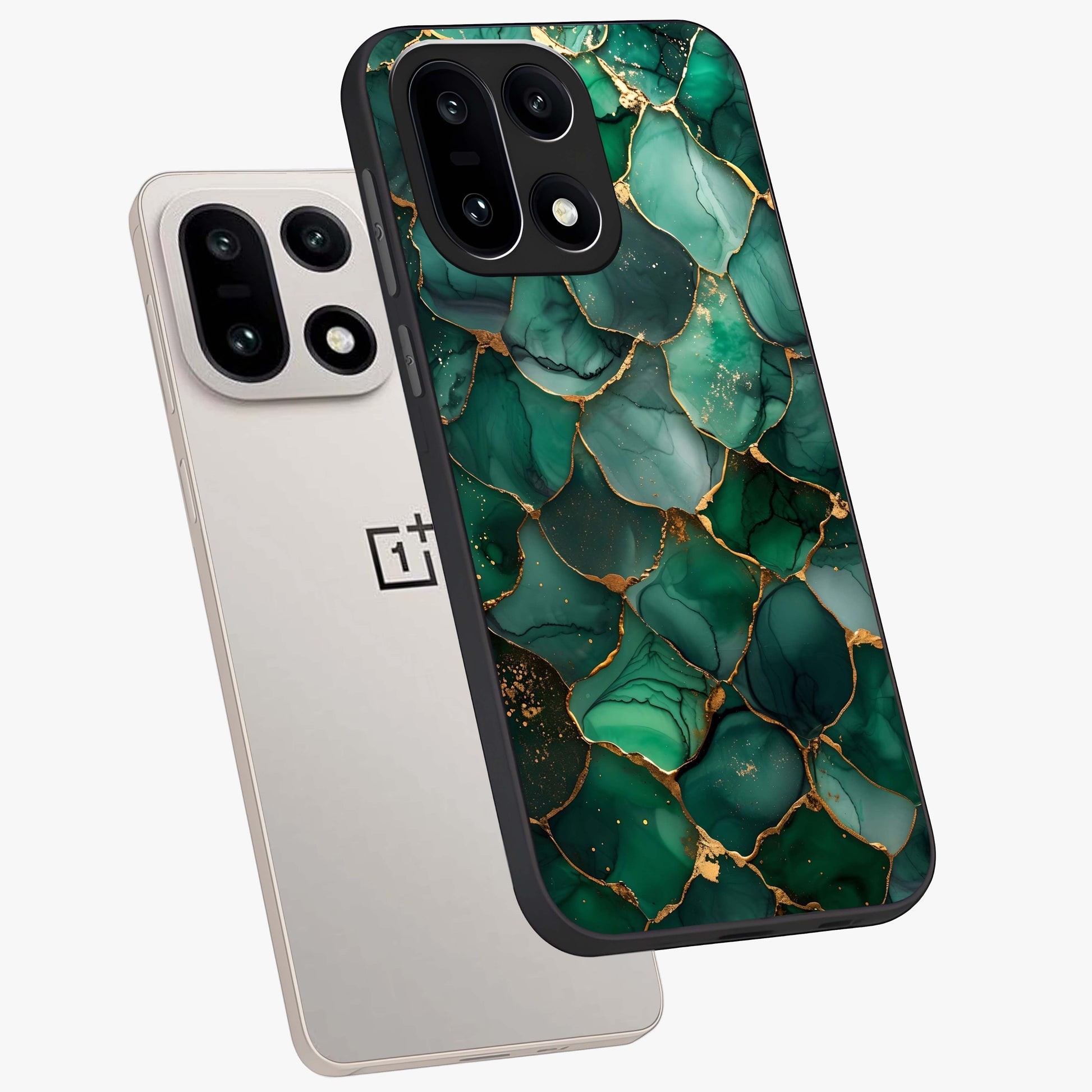 Geometric Polyester Pattern Glass Case for 1+15 angled mockup showcasing glossy finish and clean structured detailing