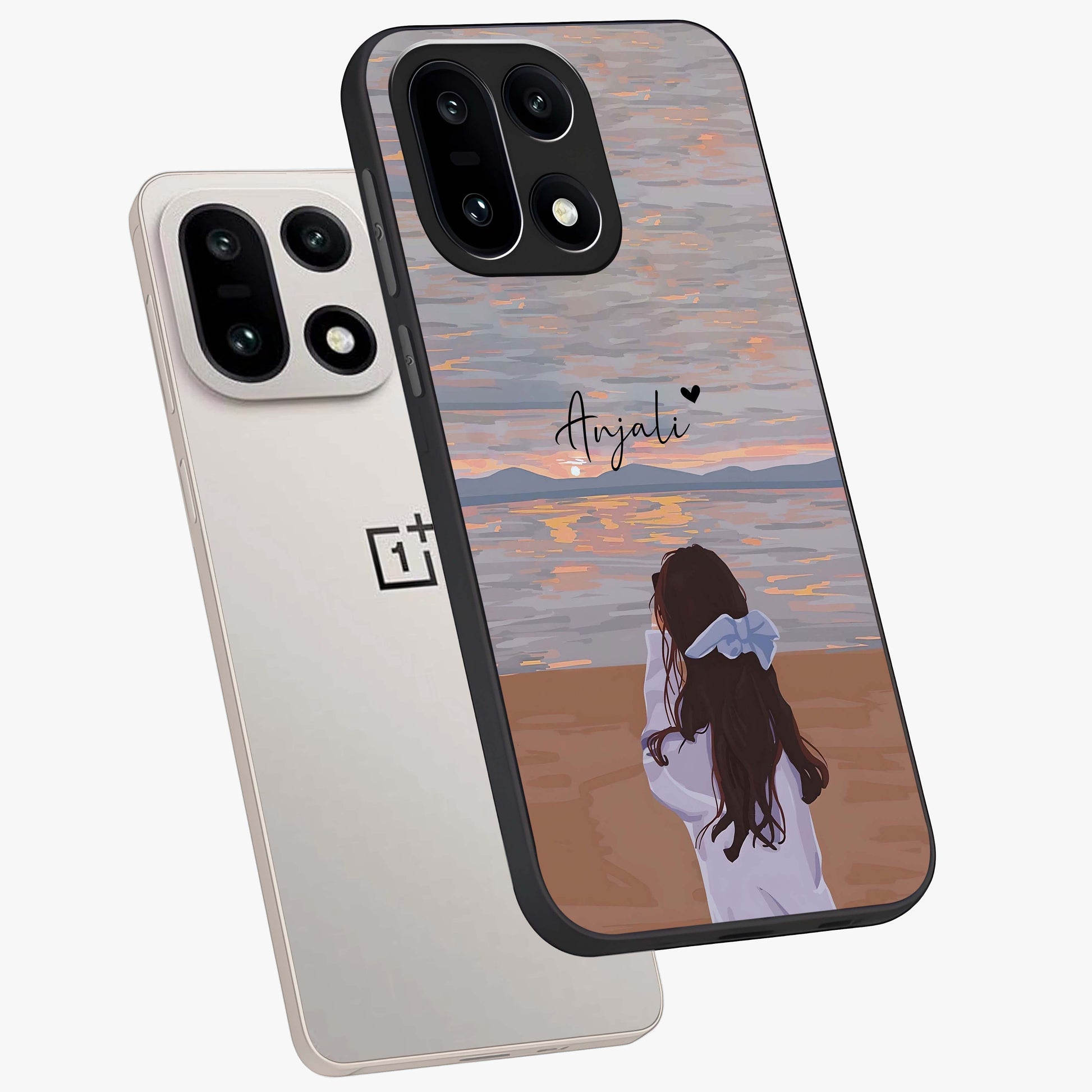 Girl Facing Sunset Beach Glass Case for 1+15 angled mockup showcasing glossy glass finish and warm beach tones