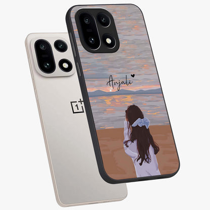 Girl Facing Sunset Beach Glass Case for 1+15 angled mockup showcasing glossy glass finish and warm beach tones