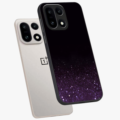 Glittery Purple Bokeh Glass Case for 1+15 angled mockup showcasing glossy finish and luminous shimmer tones