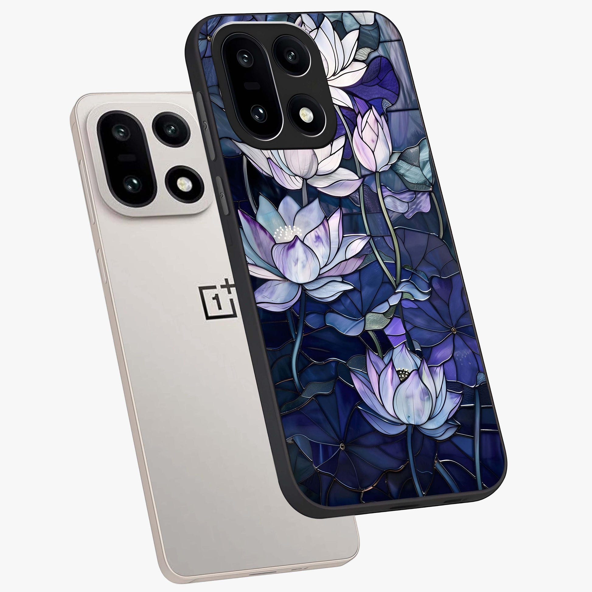 Gloss Petal Rush Glass Case for 1+15 angled mockup showcasing shiny glass finish and vibrant bloom detailing