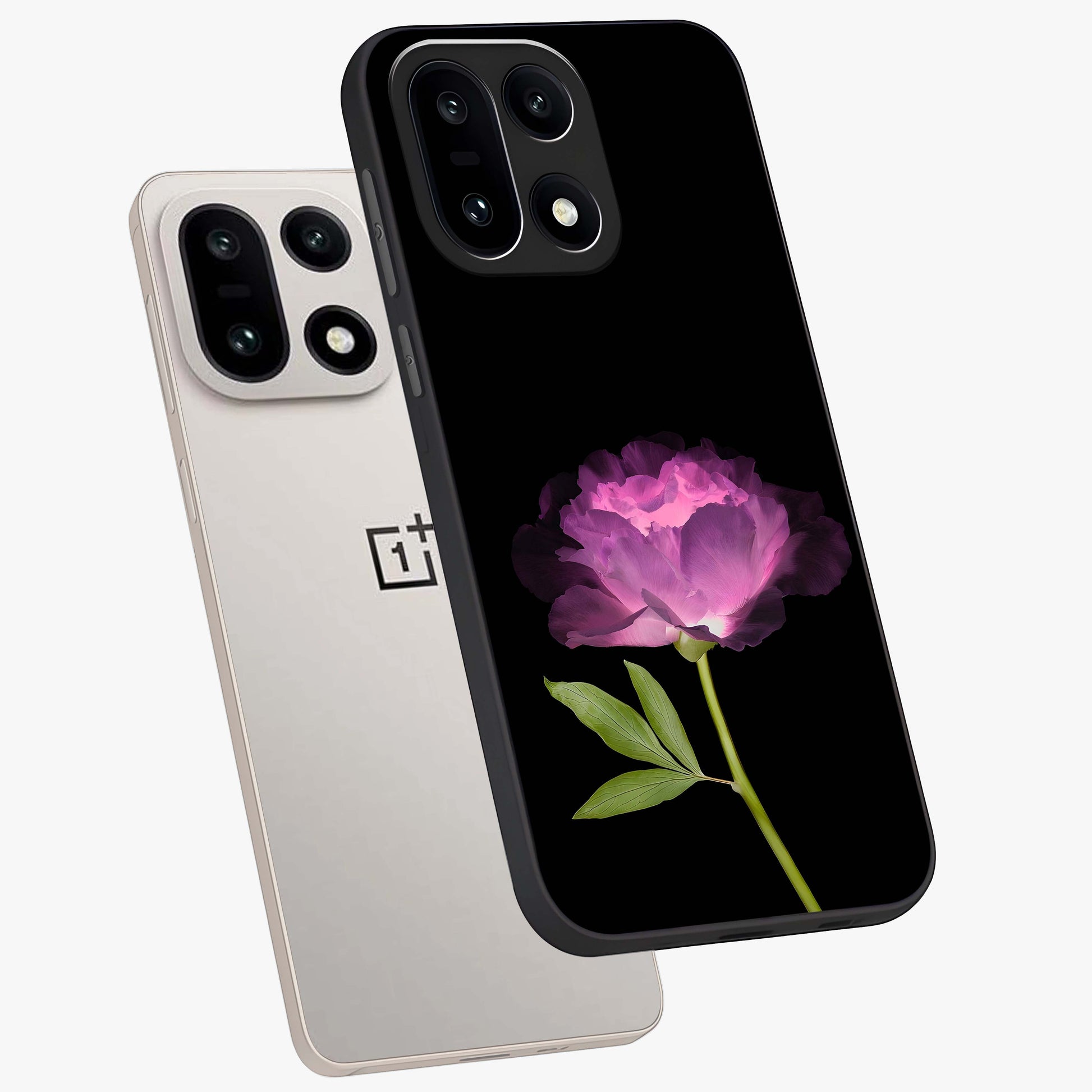 Glow Petal Bloom Glass Case for 1+15 angled mockup showcasing glossy finish and vibrant petal detailing