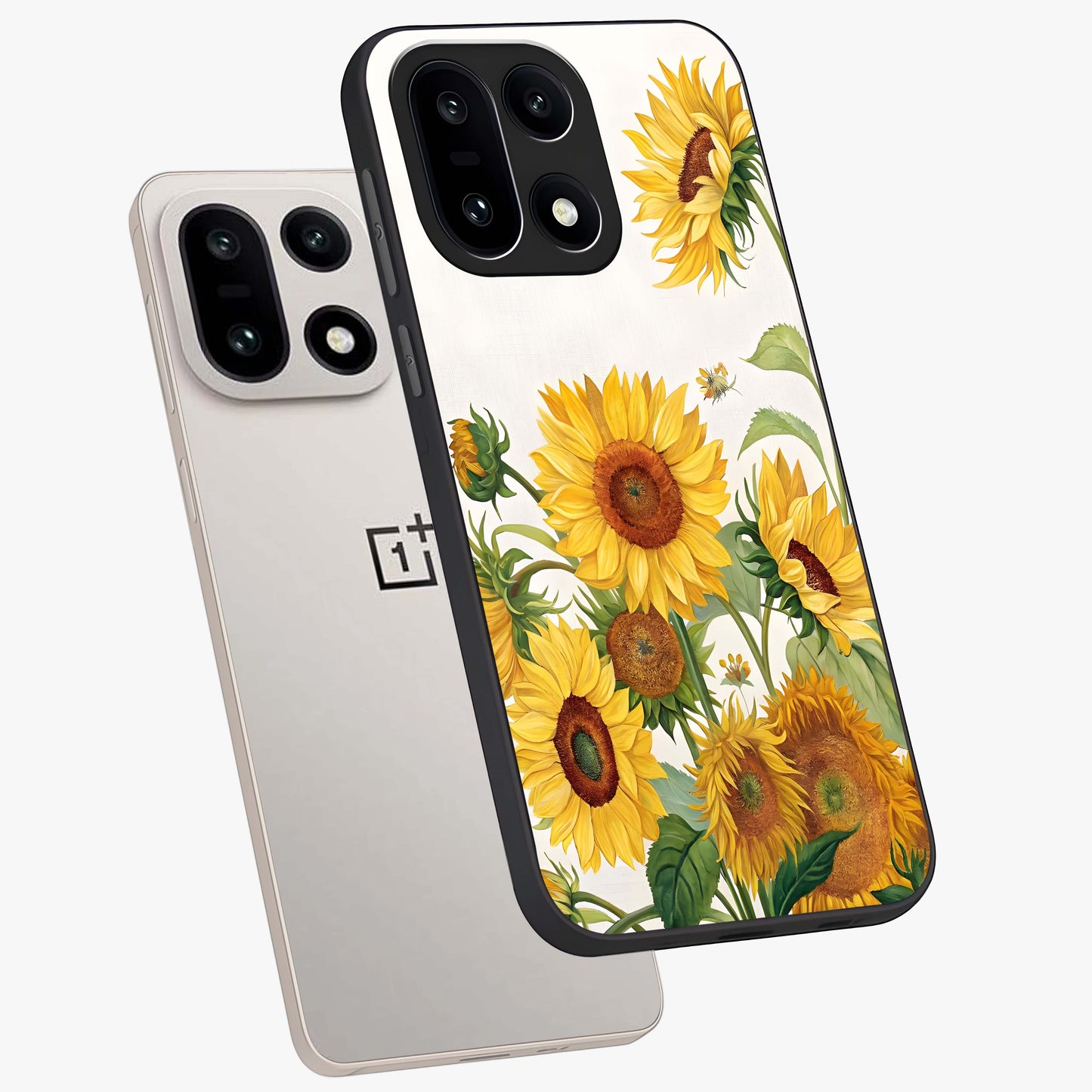 Golden Bloom Fields Glass Case for 1+15 angled mockup showcasing glossy finish and warm golden gradients