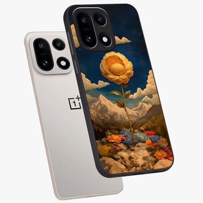 Golden Bloom Night Glass Case for 1+15 angled mockup showcasing glossy glass finish and rich night tones