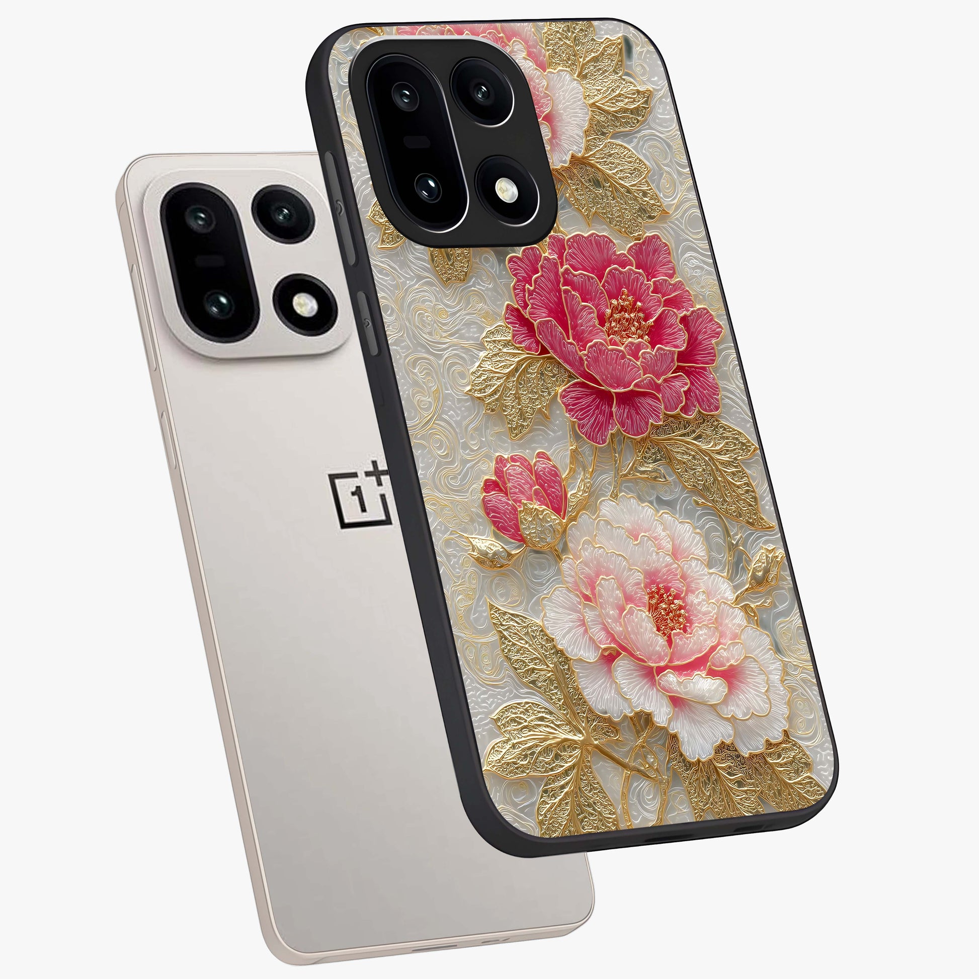 Golden Blossom Elegance Glass Case for 1+15 angled mockup showcasing glossy finish and luxurious bloom tones