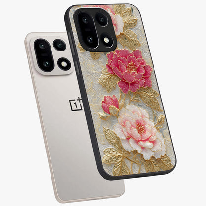 Golden Blossom Elegance Glass Case for 1+15 angled mockup showcasing glossy finish and luxurious bloom tones
