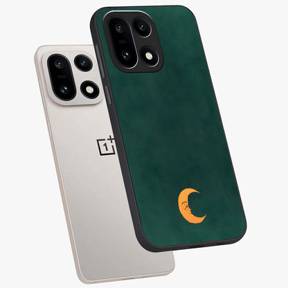 Golden Crescent Mood Glass Case for 1+15 angled mockup showcasing glossy finish and subtle night gradients