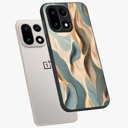 Golden Dune Waves Glass Case for 1+15 angled mockup showcasing glossy finish and smooth wave textures