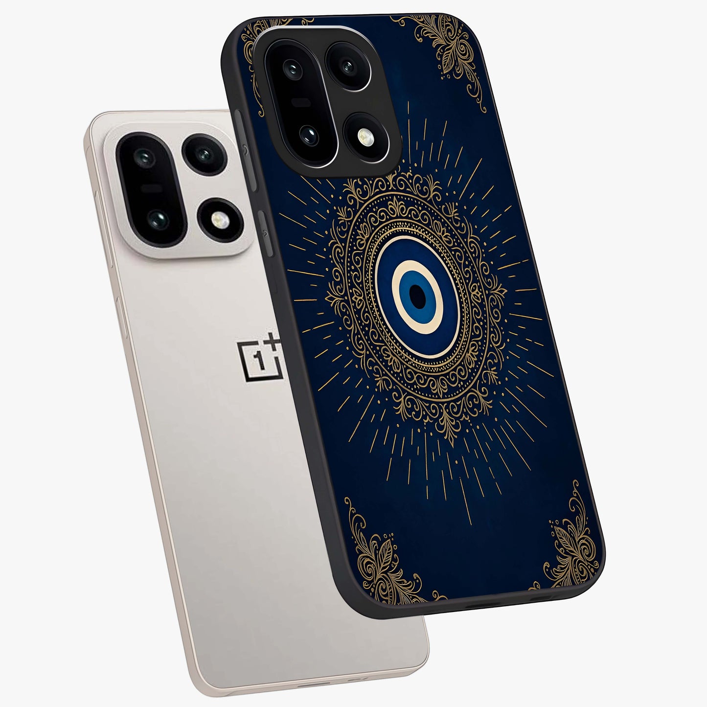 Golden Evil Eye Mandala Glass Case for 1+15 angled mockup showcasing glossy finish and detailed ornamental design