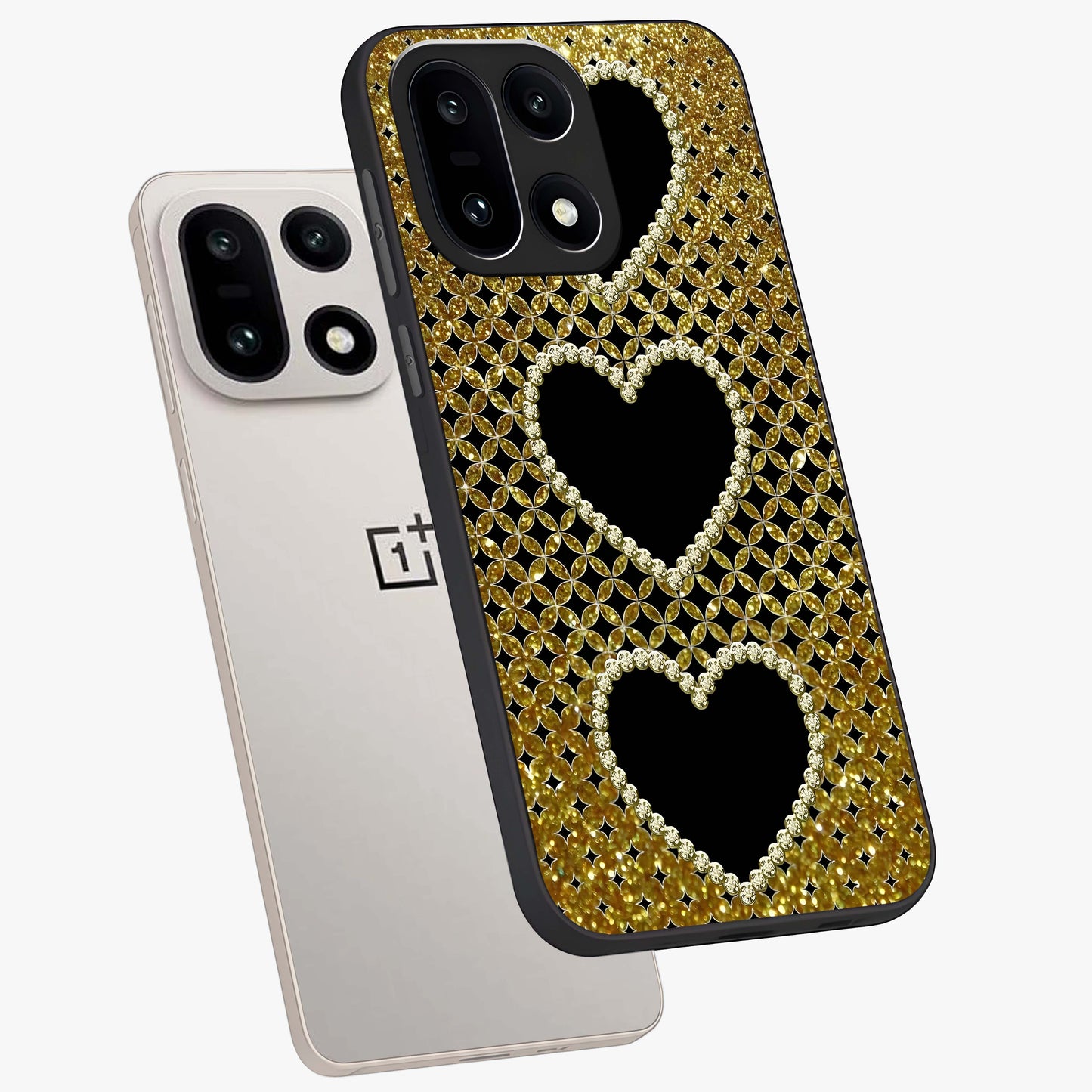 Golden Heart Glow Glass Case for 1+15 angled mockup showcasing glossy finish and radiant warm tones