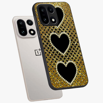 Golden Heart Glow Glass Case for 1+15 angled mockup showcasing glossy finish and radiant warm tones