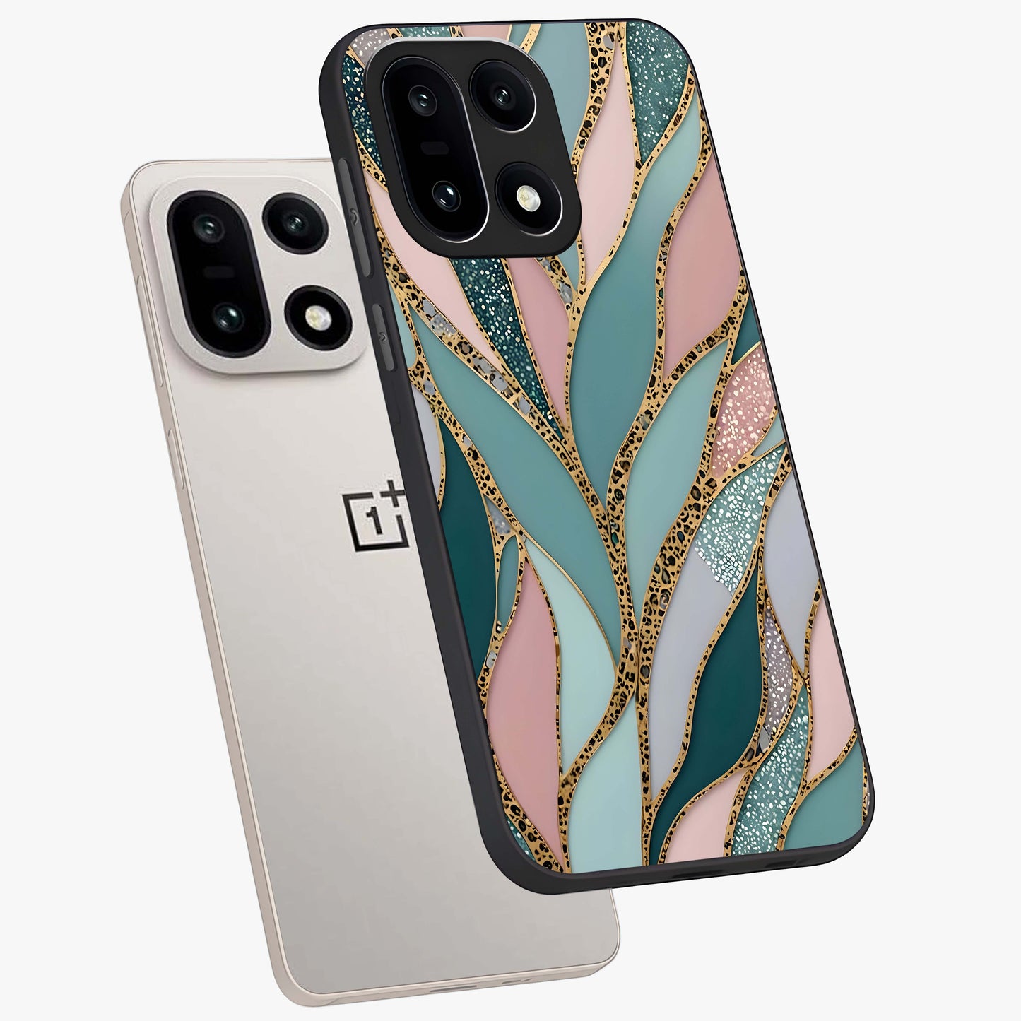 Golden Leaf Dreams Glass Case for 1+15 angled mockup showcasing glossy finish and refined botanical tones