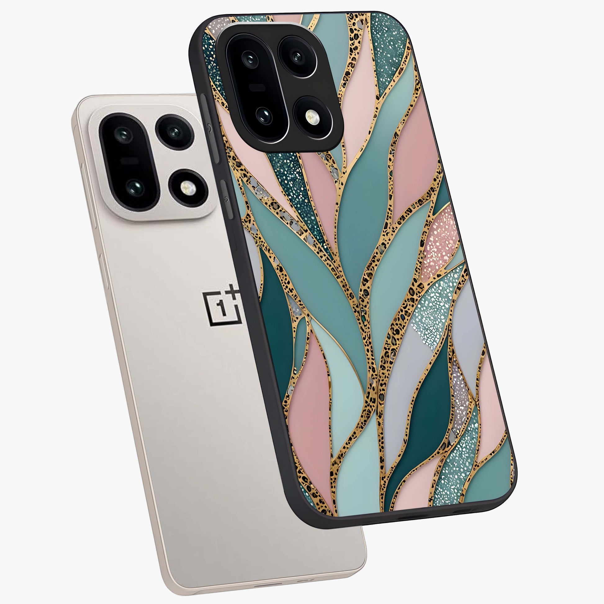 Golden Leaf Dreams Glass Case for 1+15 angled mockup showcasing glossy finish and refined botanical tones