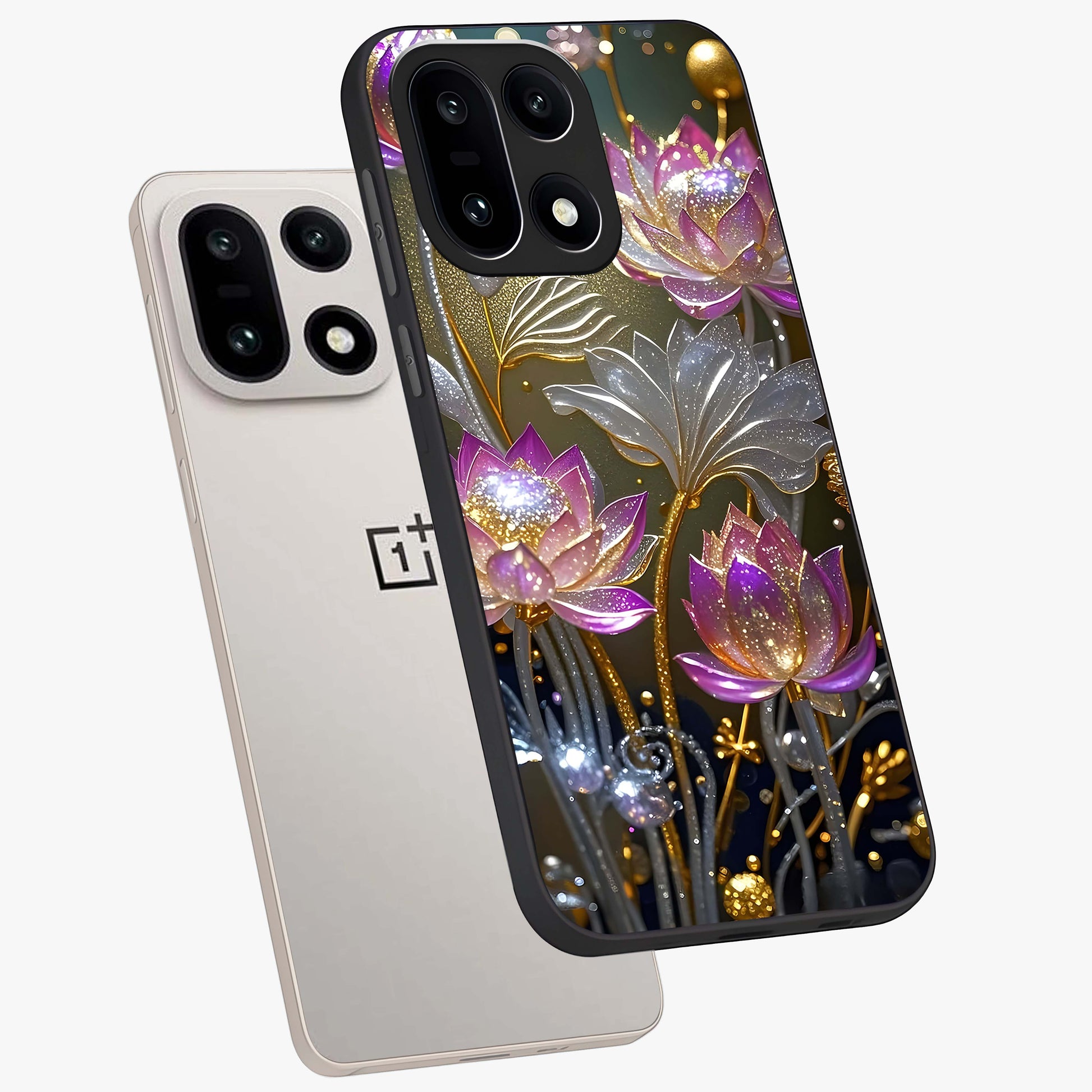 Golden Lotus Glow Glass Case for 1+15 angled mockup showcasing glossy finish and luminous spiritual tones