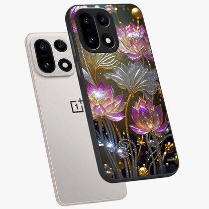 Golden Lotus Glow Glass Case for 1+15 angled mockup showcasing glossy finish and luminous spiritual tones
