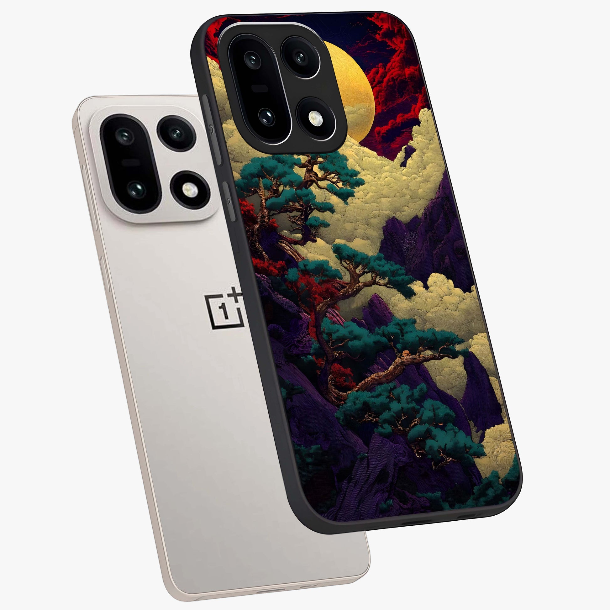 Golden Moon Horizon Glass Case for 1+15 angled mockup showcasing glossy finish and warm gradient tones
