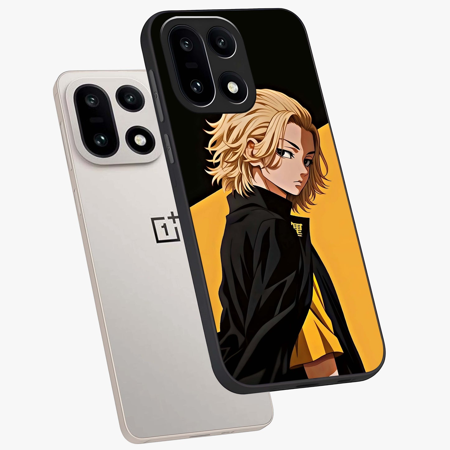 Golden Shadow Commander Glass Case for 1+15 angled mockup showcasing glossy finish and bold golden accents