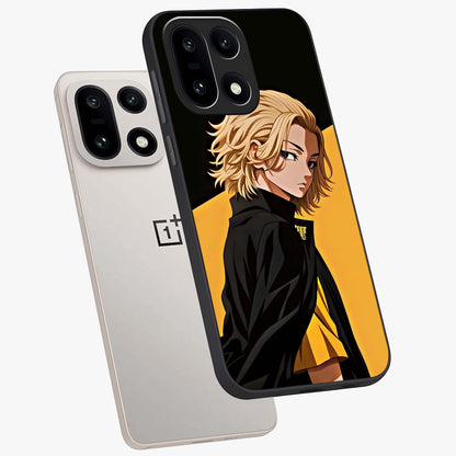 Golden Shadow Commander Glass Case for 1+15 angled mockup showcasing glossy finish and bold golden accents