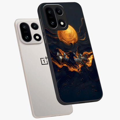 Golden Stallion Moonride Glass Case for 1+15 angled mockup showcasing glossy finish and rich celestial tones