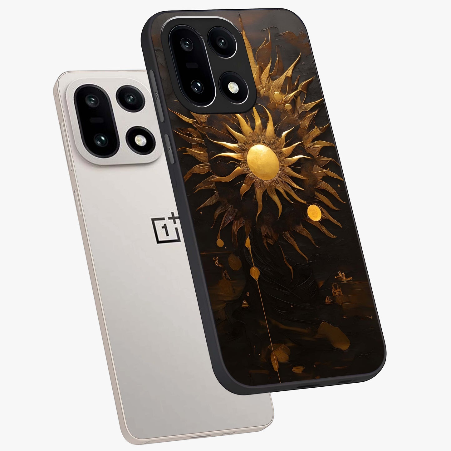 Golden Sun Majesty Glass Case for 1+15 angled mockup showcasing glossy finish and warm celestial gradients