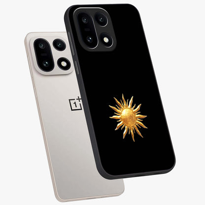 Golden Sun Minimalism Glass Case for 1+15 angled mockup showcasing glossy finish and subtle warm tones