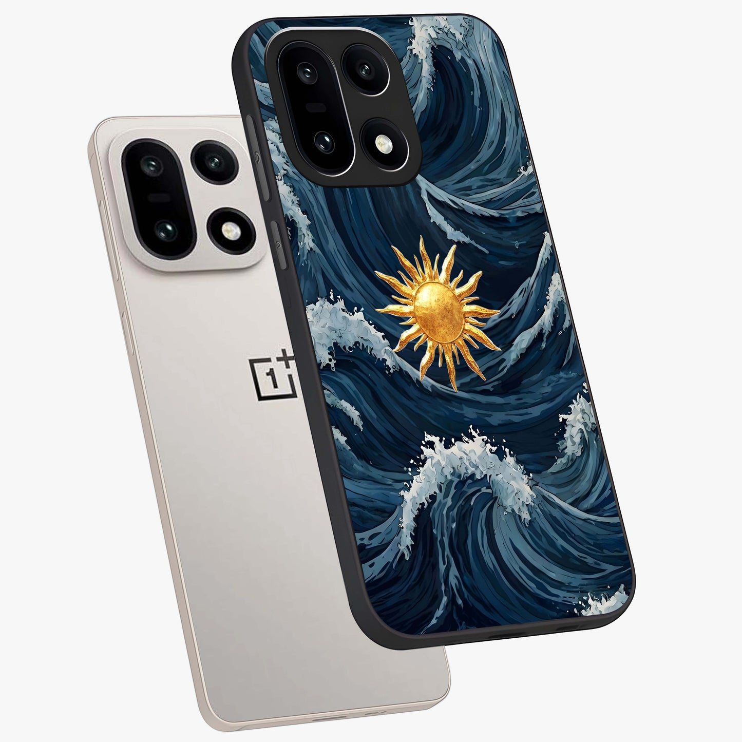 Golden Wave Rise Glass Case for 1+15 angled mockup showcasing glossy finish and fluid motion detailing