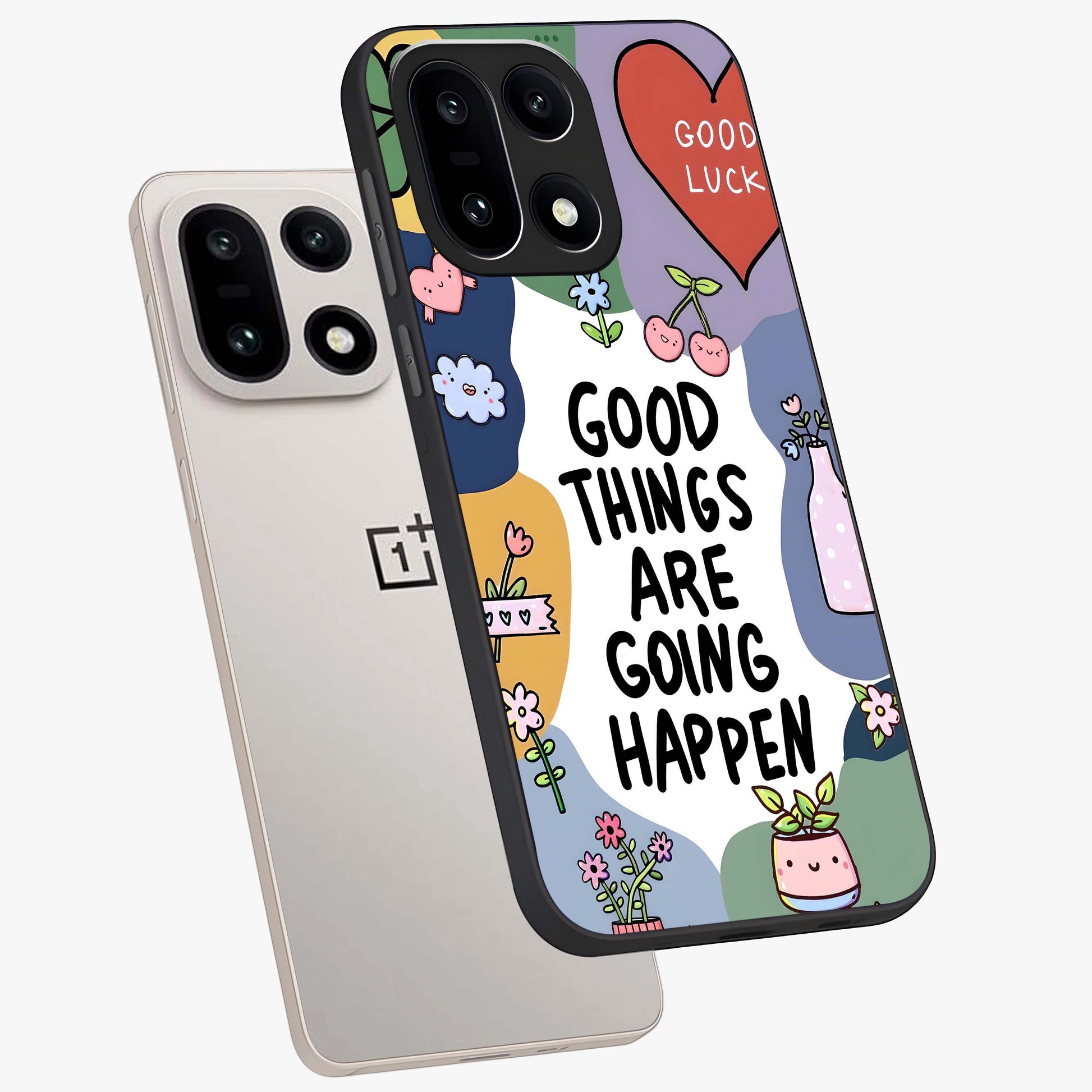 Good Thing Quote Glass Case for 1+15 angled mockup showcasing glossy finish and clean modern design