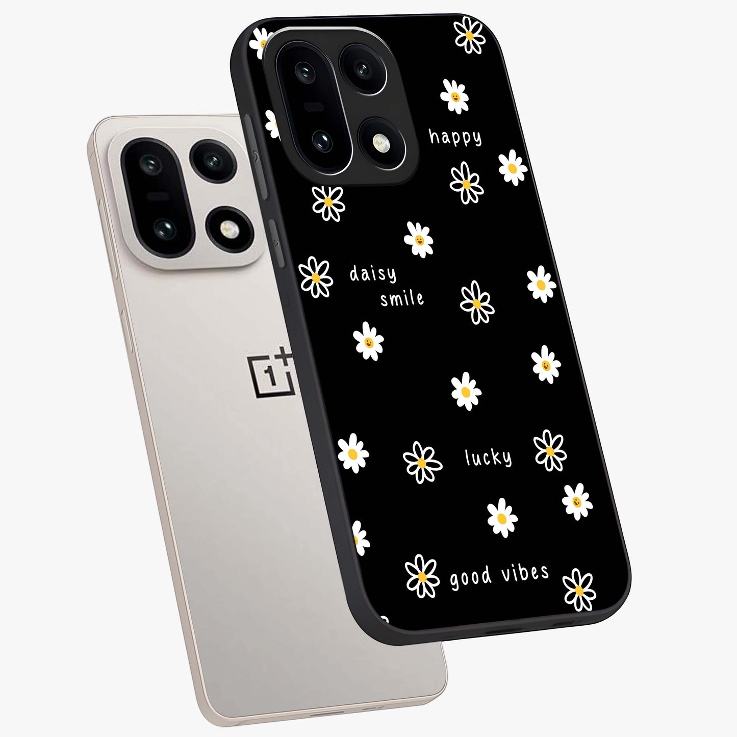 Good Vibes Daisy Black Pattern Glass Case for 1+15 angled mockup showcasing glossy finish and bold floral contrast