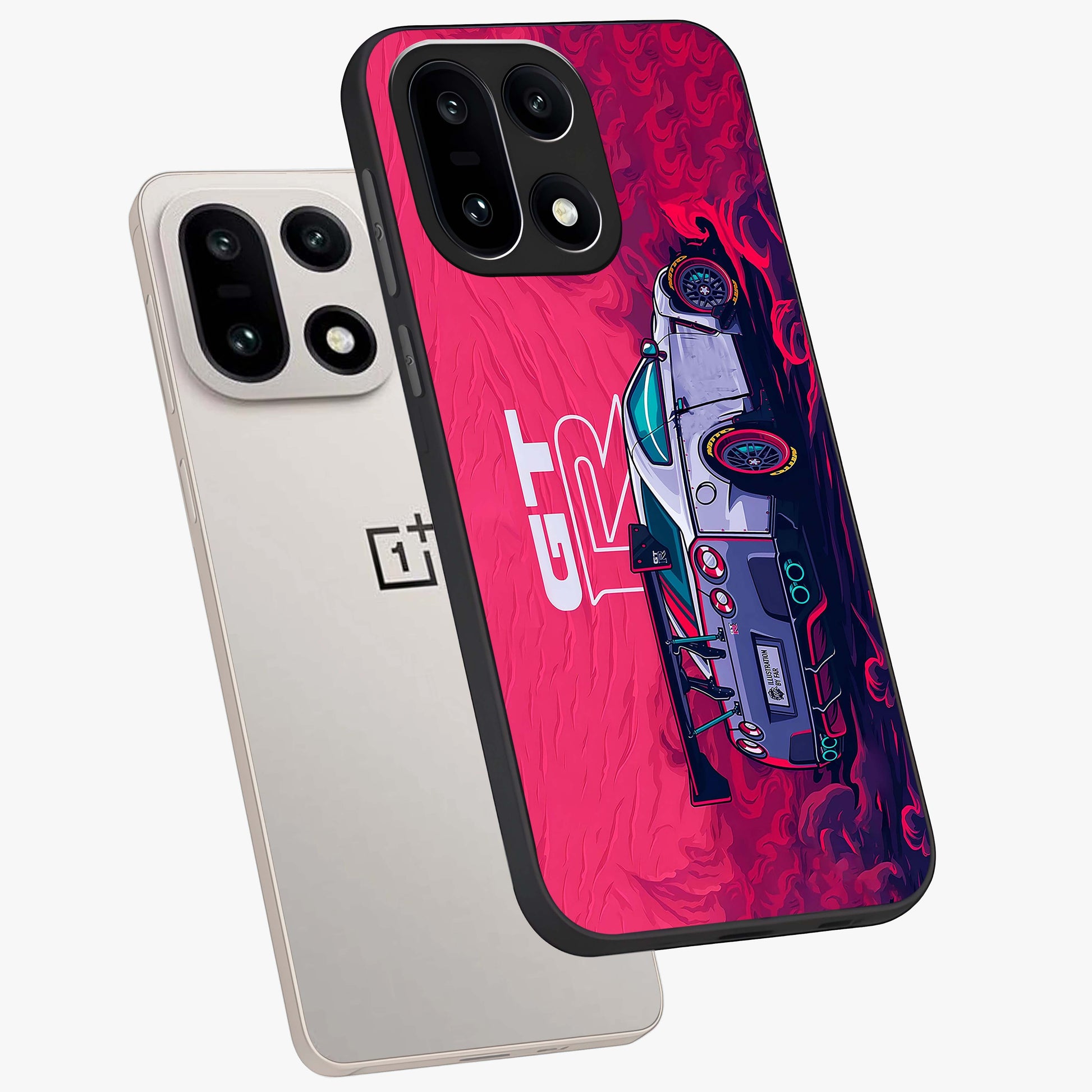 Gt R Car Pattern Glass Case for 1+15 angled mockup showcasing glossy finish and sporty detailing